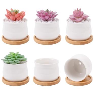 Imagem de Leismy 6 recipientes para suculentas e cactos, vasos de cerâmica branca com orifício de drenagem e bandeja removível, vasos de plantas pequenos para decoração de escritório em casa, recipiente de
