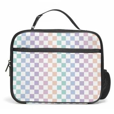 Imagem de Lancheira grande, lancheira reutilizável isolada com suporte para garrafa de água, portátil, impermeável, à prova de vazamento, lancheira fofa para piquenique escolar, viagem de volta às aulas (xadrez