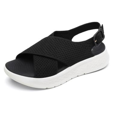 Imagem de Rihero Sandálias femininas confortáveis para caminhada plataforma esportiva ortopédica com suporte de arco, Preto, 38