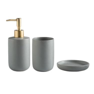 Imagem de KHUTRW3D Conjunto de 3 peças de acessórios de banheiro de cerâmica para banheiro, inclui dispensador de sabão de loção, copo de enxaguante bucal, garrafa de bomba de líquido para saboneteira (cinza)