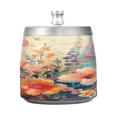 Imagem de STAYTOP Cinzeiro de flores de primavera com tampa, aço inoxidável à prova de vento, cinzeiro sem fumaça, grande cinzeiro de cigarro ao ar livre para decoração de escritório em casa