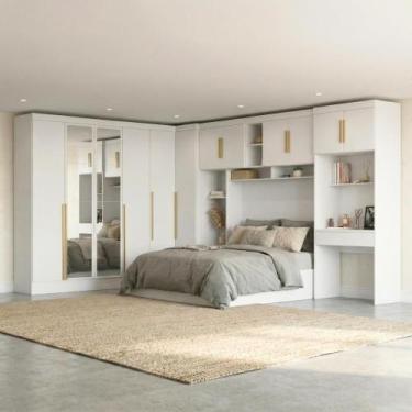 Imagem de Guarda Roupa Casal Modulado 5 Peças 12 Portas com Espelho, Cabeceira e