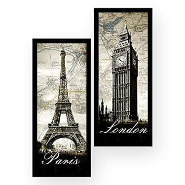 Imagem de Kit 2 Quadros Decorativos 19x45 cm cada com MOLDURA Paris e Londres Cidades Famosas Decoração Sala