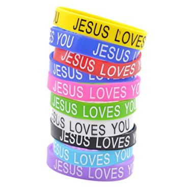 Imagem de lychee Pulseiras de silicone JESUS LOVES YOU Pulseiras de borracha 10 x pulseira de cor aleatória a granel, 10 piece, Silicone