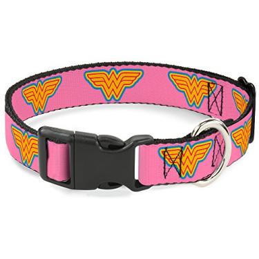 Imagem de Buckle-Down Coleira com clipe de plástico - Logotipo da Mulher Maravilha Rosa/Azul/Amarelo/Rosa - 3,8 cm de largura - Serve para pescoços de 40,6 a 58,4 cm - Médio