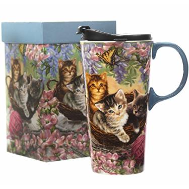 Imagem de CEDAR HOME Caneca de Cerâmica Xícara de Chá de Porcelana com Tampa em Caixa de Presente 500ml Flor e Gato