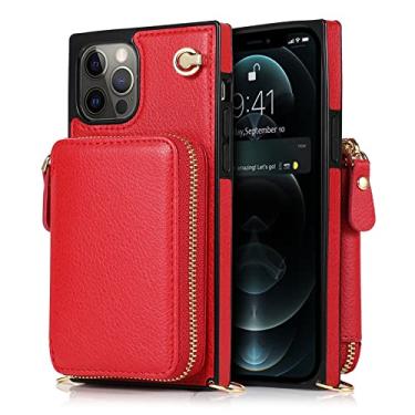 Imagem de Capa para iPhone 14/14 Pro/14 Plus/14 Pro Max, capa carteira de couro com zíper com porta-cartões, bolsa de moedas transversal para telefone à prova de choque com suporte, vermelho, 14 Plus 6,7 polegadas