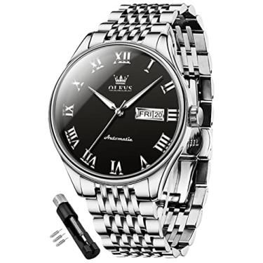 Imagem de OLEVS Relógio Masculino Automático Mecânico Executivo Luxuoso, Pulseira de Aço Inoxidável, À Prova D'água, Luminoso, Dia e Data, 9929: Pulseira Prata e Mostrador Preto