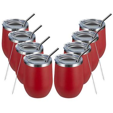 Imagem de MEWAY Copos de vinho com tampa de 340 g/8 – Copo de viagem de aço inoxidável com parede dupla sem haste – Mantém frio e quente para vinho, café, coquetéis, bebidas - família e presentes (vermelho, conjunto de 8)