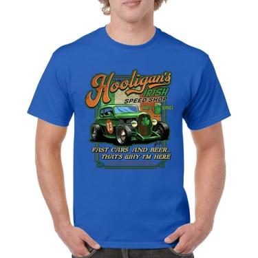 Imagem de Camiseta masculina Hooligan's Irish Speed Shop Dia de São Patrício Vintage Hot Rod Shamrock St Patty's Beer Festival, Azul, M