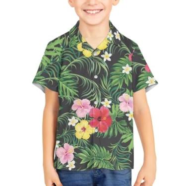 Imagem de Camisetas havaianas com botões de botão para verão unissex infantil manga curta camisa social 3-16 anos Tropical Aloha Shirts, Palmeira tropical, 15-16 Years