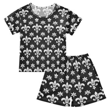 Imagem de CHIFIGNO Conjunto de camiseta e short de manga curta para meninos e meninas, 2 peças, conjunto de roupas de verão fofas de verão, Flor de Lis-2 preto e branco, 12 Anos