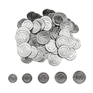 Imagem de Conjunto de 100 fichas de pôquer de cassino pirata - moedas de plástico para jogos, aprendizado e festas - 5 10 20 50 100 Denominação - Moedas redondas de dois lados - Ótimo para decorações de festa