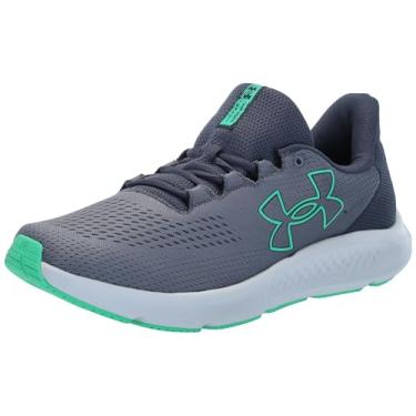 Imagem de Under Armour Charged Pursuit 3 Tênis de corrida masculino com logotipo grande, (107) Gravel/cinza chuvoso/verde vapor, 42