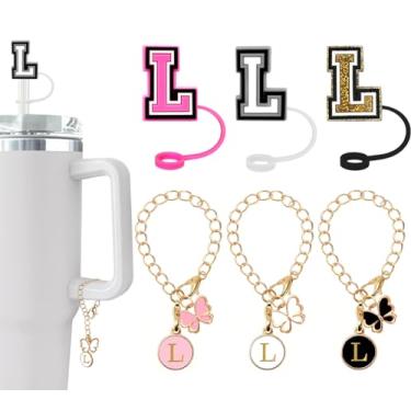 Imagem de (3 +3) Capa de canudo Nuozme compatível com copo Stanley Tumbler 3 peças de tampas de palha com 3 pingentes de borboleta inicial Nome ID para Stanley Copo de 30 e 1,134 g (capa de canudo de 3 letras,