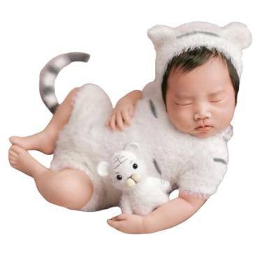 Imagem de Vemonllas Adereços de fotografia para recém-nascidos acessórios para fotos recém-nascidos menina menino bebê chapéu tigre macacão cauda bebê acessório para sessão de fotos, Branco, M