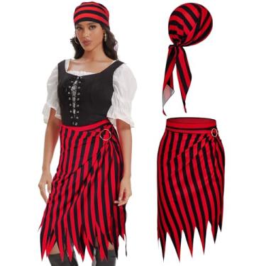 Imagem de Durio Womens Pirate Skirt Dress Pirate Accessories Hat Halloween Costume Adult Women Cosplay Costume Red Black Pirate Bandana Headband Scarf For Men Women Renaissance Costume Red Black Stripe One Size