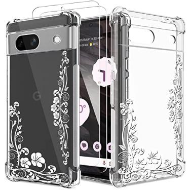 Imagem de GREATRULY Capa transparente floral para Pixel 7a com 2 protetores de tela para mulheres/meninas, capa de telefone com flores para Google Pixel 7a, design bonito, macio, fofo, à prova de quedas, capa