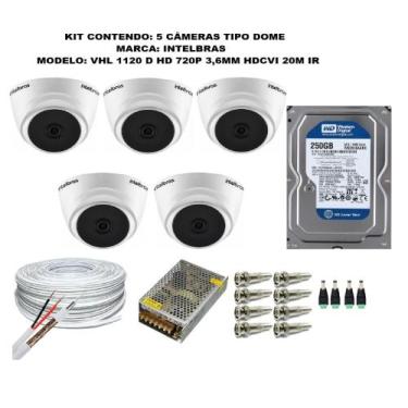 Imagem de Kit 5 Câmeras Segurança VHC 1120D Hd 720 bullet Intelbras + cabos cone