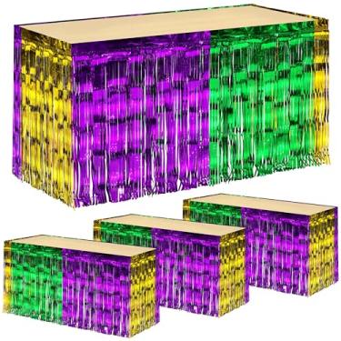 Imagem de ADXCO Pacote com 4 saias de mesa descartáveis de folhas metálicas com franja para mesa de Tinsel para mesas redondas retangulares, decoração de Mardi Gras, dourado verde e roxo
