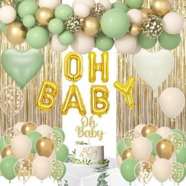Imagem de Sage Green Baby Shower Decorations for Girl Boy, Boho Neutral Baby Shower Supplies with Fringe Curtain, OH BABY Balloon Banner Cake Topper for Woodland Gender Reveal Baby Shower Party Decorations