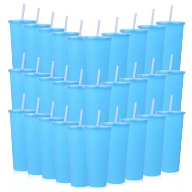 Imagem de Ahongwenxi Pacote com 30 copos de plástico azul com tampas e canudos, copos de plástico descartáveis de 680 g, copos de café gelado, caneca de viagem para sucos, aniversário, despedida de solteira