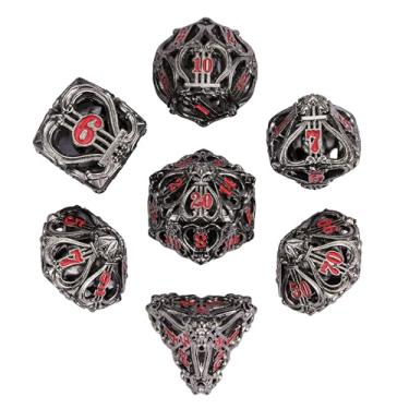 Imagem de Cusdie 7-Die Metal Dice Set - Hollow Design with Bells - Crisp Sounding Gaming Dice in Tin Box - Perfect for Tabletop RPGs & Board Games(Black w/Red Numbers)