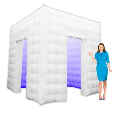 Imagem de Yuhuya - Gabinete insuflável para cabine de fotomatão, 2 portas, branco, 8,2 x 8,2 pés, faixa de luz LED integrada e soprador para festas, casamentos, eventos