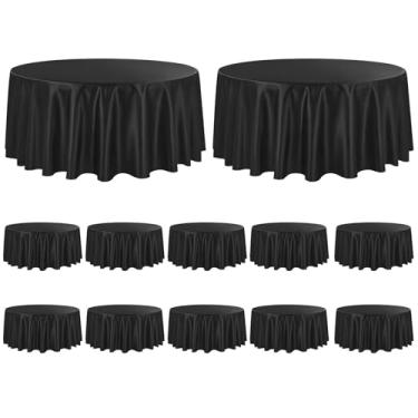 Imagem de FXKS Pacote com 12 toalhas de mesa redondas pretas de cetim de 228 cm, toalha de mesa sedosa brilhante, toalha de mesa lavável e macia de seda, sobreposição para festa de casamento, banquete, evento