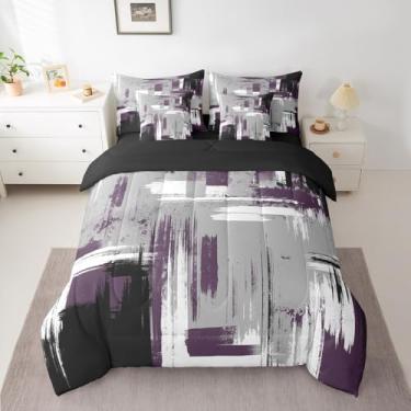 Imagem de Feelyou Conjunto de cama abstrato de 7 peças, arte abstrata, moderno, roxo, cinza, preto, edredom leve e retrô, inclui edredom, conjunto de lençol, fronhas e fronhas, tamanho Queen