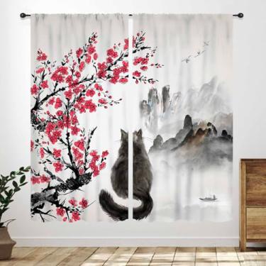 Imagem de Cortinas japonesas, pintura de tinta tradicional oriente retrô gato preto vermelho flor de cerejeira floral paisagem natural cortinas para quarto sala de estar cozinha banheiro janela 53 cm L x 114 cm