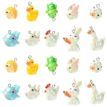 Imagem de UR URLIFEHALL 20 peças, 10 estilos, mini pingentes de animais de resina, fofos, desenhos animados, pintinho, coelho, tartaruga, figuras a granel com laço de liga para fazer joias DIY, resina, sem