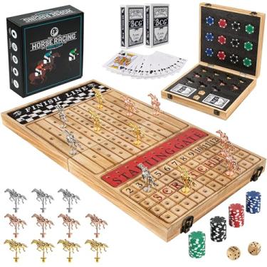 Imagem de Horse Racing Board Game - 23"x12" - Derby Classic Horse Race Game with 11 Premium Metal Horses - Foldable Wood Horse Game with Dice, 2 Packs of Cards & 60 Poker Chips - Charred Wood