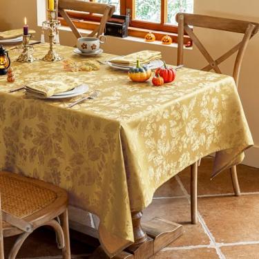 Imagem de Joyfol Day Toalha de mesa de outono de ação de graças, tecido jacquard, toalha de mesa retangular para outono, folhas do campo, impermeável, cozinha, jantar, colheita, feriado (132 x 182 cm, dourada)