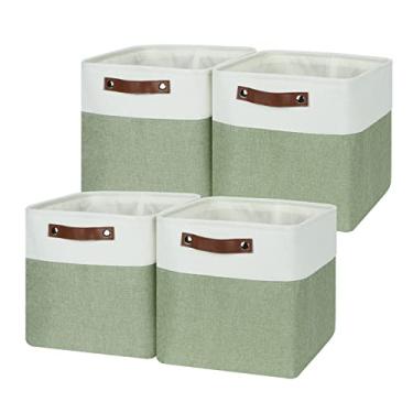 Imagem de Temary Caixas de armazenamento de tecido para organizar roupas, cestas de armário com alças - caixas de armazenamento decorativas para casa (branco e verde, 30 cm, pacote com 4)