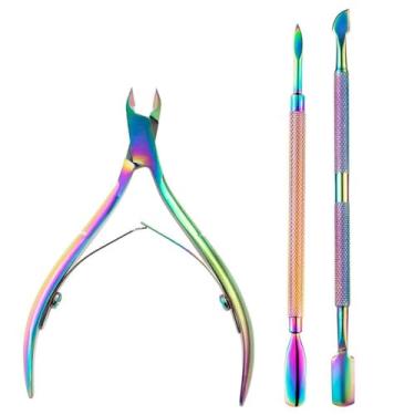 Imagem de Alicate empurrador de cutículas em aço inoxidável, ouro rosa, tesoura, conjunto de manicure, removedor de esmalte, cortador de unhas, cuidados com a arte, 3 peças, arco-íris, BH01