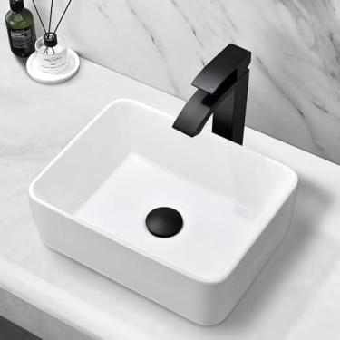 Imagem de Pia de banheiro branca pequena, pia de vaso de banheiro branca de 40,6 x 30,5 cm com torneira, retangular acima do balcão branco conjunto de pia e torneira