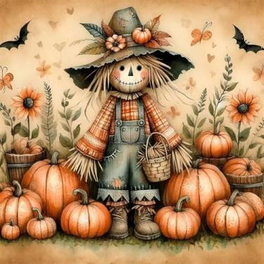 Imagem de Scarecrow Pumpkin Diamond Art Kits for Adults, 5D Pumpkin Diamond Painting Kits for Adults Beginners DIY Full Round Drill Diamond Dot Painting Gem Art Kits for Adult,Home Wall Decor 13.8x13.8 in