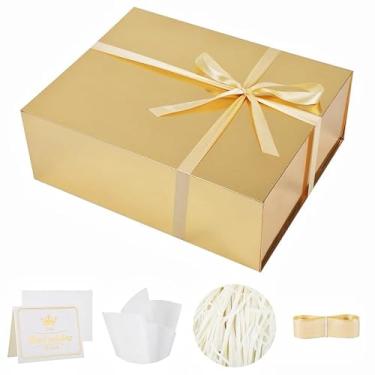 Imagem de UoeRing 1 caixa de presente dourada extragrande de 51 x 40 x 18 cm. Caixa de presente luxuosa para presentes com tampa de fecho magnético dobrável, aniversário, Natal, contém cartão, fita, papel de