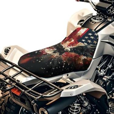 Imagem de SEANATIVE Acessórios elásticos para quadriciclo capa de assento de motocicleta universal protetor de assento flexível respirável acolchoado águia bandeira americana protetor de impressão resistente à