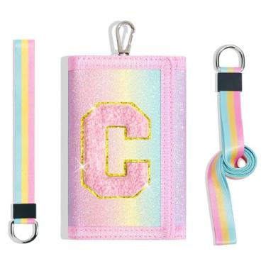 Imagem de cotmcor Carteiras infantis para meninas, adolescentes, 6-8, 8-10 anos, linda bolsa infantil com inicial de rebanho, bolso para moedas, glitter, arco-íris, carteira transversal para presentes de