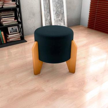 Imagem de Puff Banqueta Redondo Pés Madeira Luxo Matrix Veludo Preto