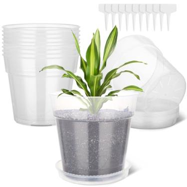 Imagem de GREANER Vaso de plástico transparente de 30,5 cm, vasos de flores de plástico com pires e orifícios de drenagem, vaso de jardim de mudas para ambientes internos e externos (com 10 etiquetas de plantas