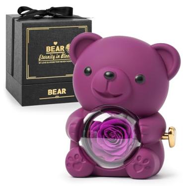 Imagem de CIAPSK Urso de pelúcia rosa preservado – rosa real em caixa de presente elegante – presente romântico para ela – perfeito para o dia das mães, aniversário, casamento ou chá de panela (roxo)