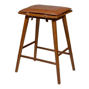 Imagem de JONATHAN Y CSL2002A Peroni 66 cm MidCentury Classic Saddle-Seat Banquinho de madeira maciça/couro vegano frente única com almofada removível para piscina, deck, piscina, marrom castanho