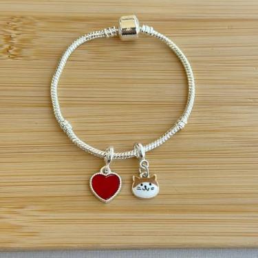 Imagem de Pulseira com 2 berloques: gatinho laranja + coração vermelho - banhados a prata