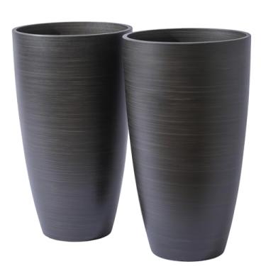 Imagem de Vasos grandes e leves com orifício de drenagem e pires, conjunto de 2 vasos de plástico para ambientes internos e externos (acabamento fosco de madeira escura)