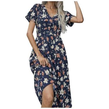 Imagem de Vestido feminino de verão casual manga curta com decote em V floral ve