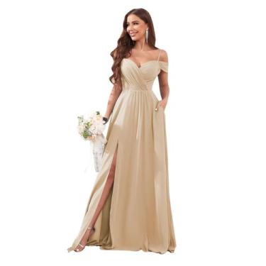 Imagem de Vestido de dama de honra Sukleet Champagne Chiffon longo com bolsos