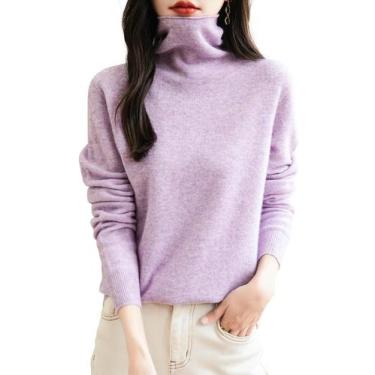 Imagem de Suéter feminino Chanyarn 100% lã merino, gola alta, roxo claro